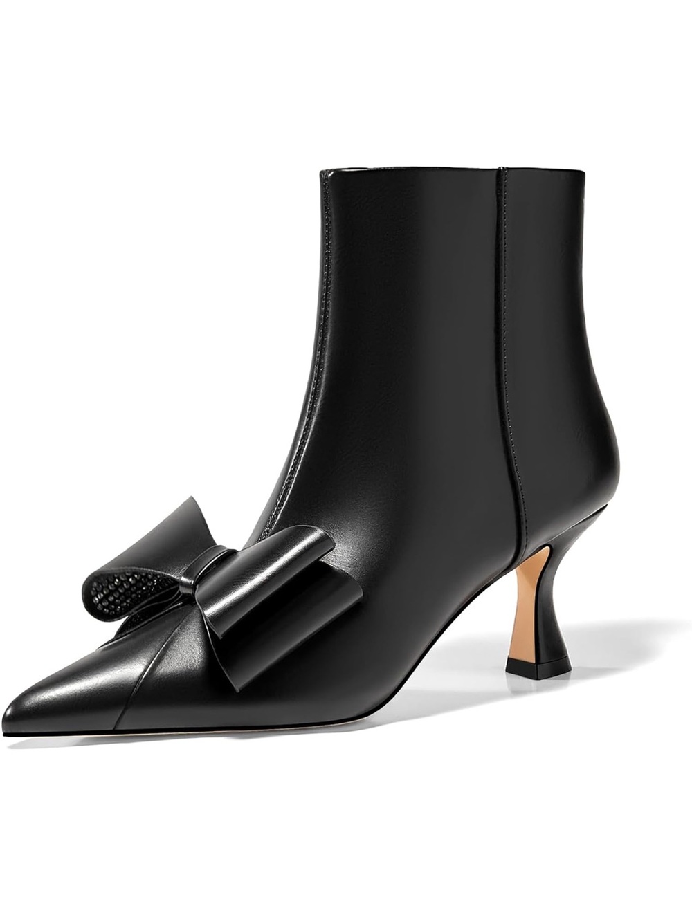 Coutgo Black Leather Bow-Accent Ankle Boot